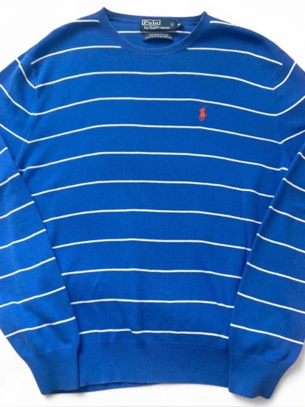 Polo Ralph Lauren Vintage Men’s Medium Pima Cotton Blue Striped Sweater Crewneck - Picture 2 of 7